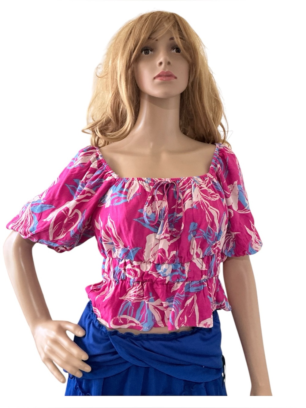 Floral Off-Shoulder Pink Puff-Sleeve Crop Top